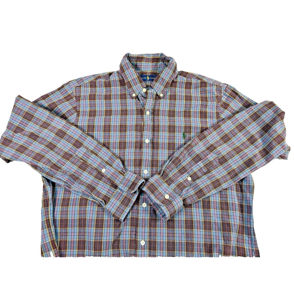 Ralph Lauren Men's Shirt‎ Plaid BLUE RED Button Down Long Sleeve LARGE